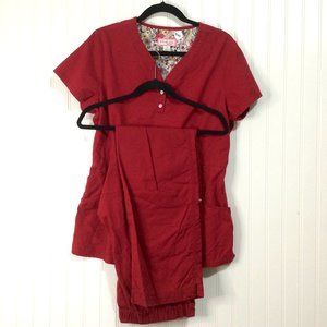 Koi Womens Red 2 Piece Scrub Set Justine Top Sara Flat Front Bottoms Size Large
